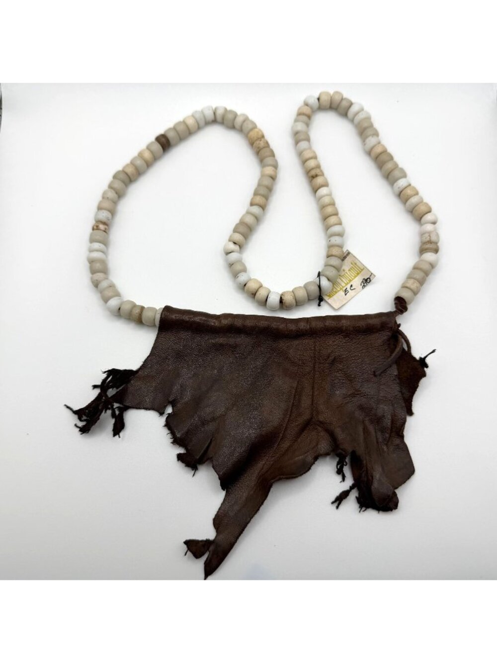 Cheryl Dufault Vintage Glass Beaded Necklace With Hand-Torn Leather Accent